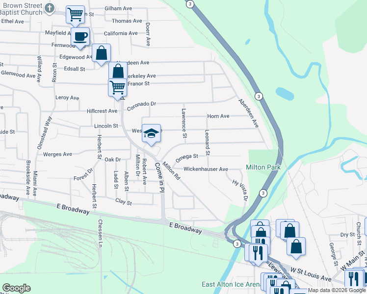 map of restaurants, bars, coffee shops, grocery stores, and more near 3523 Oscar Avenue in Alton
