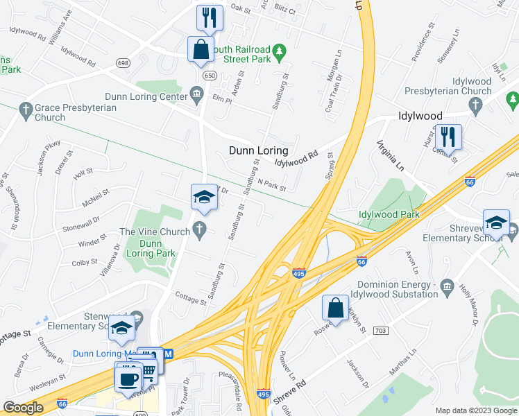 map of restaurants, bars, coffee shops, grocery stores, and more near 8003 Iliff Drive in Dunn Loring