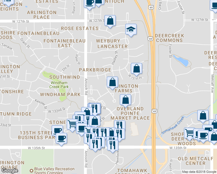 map of restaurants, bars, coffee shops, grocery stores, and more near 13141 Hadley Street in Overland Park