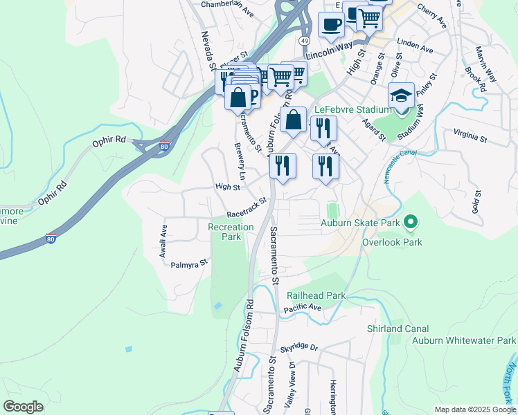 map of restaurants, bars, coffee shops, grocery stores, and more near 201 Racetrack Street in Auburn