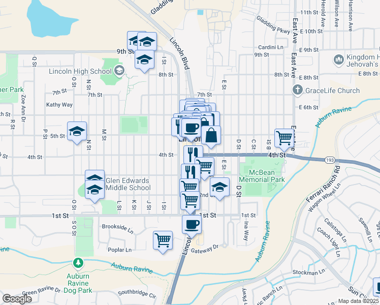 map of restaurants, bars, coffee shops, grocery stores, and more near 390 G Street in Lincoln