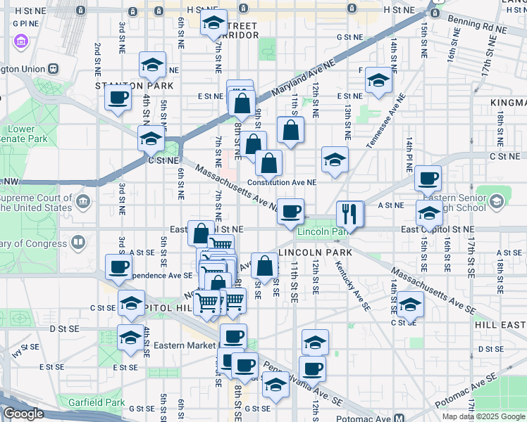 map of restaurants, bars, coffee shops, grocery stores, and more near 25 9th Street Northeast in Washington