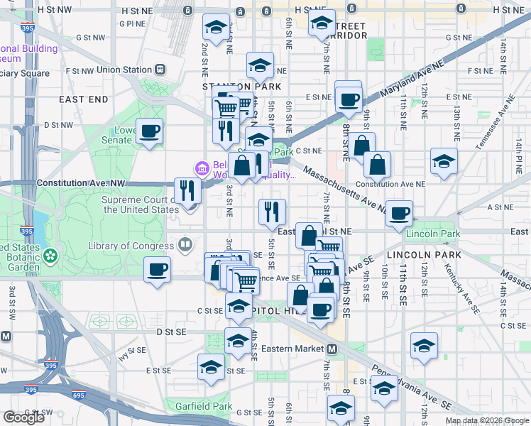 map of restaurants, bars, coffee shops, grocery stores, and more near 24 5th Street Northeast in Washington