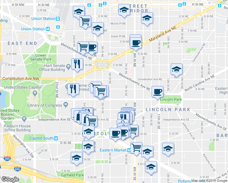 map of restaurants, bars, coffee shops, grocery stores, and more near 613 A St NE in Washington