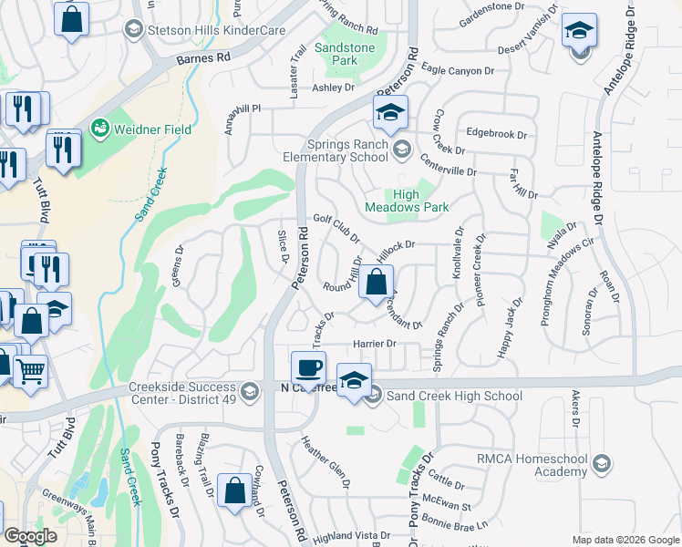 map of restaurants, bars, coffee shops, grocery stores, and more near 4223 Hickory Hollow Drive in Colorado Springs