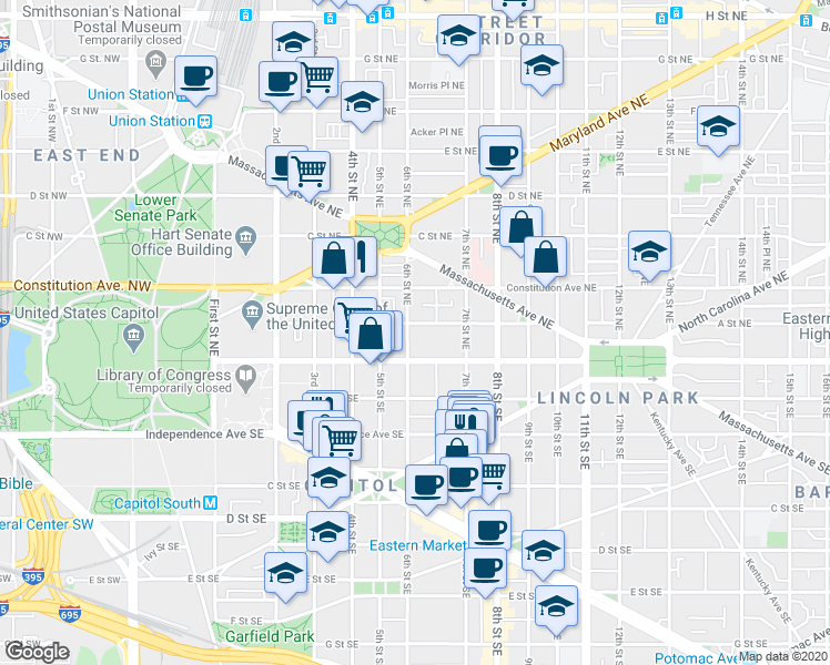 map of restaurants, bars, coffee shops, grocery stores, and more near 23 6th Street Northeast in Washington