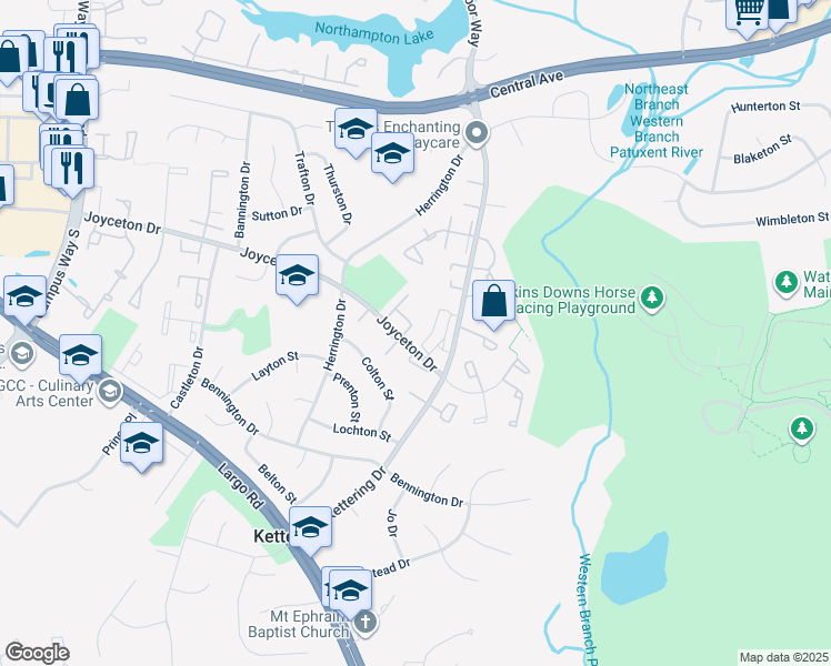 map of restaurants, bars, coffee shops, grocery stores, and more near 11248 Hannah Way in Upper Marlboro