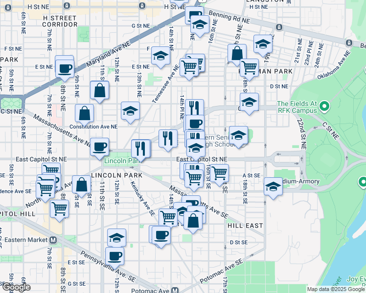 map of restaurants, bars, coffee shops, grocery stores, and more near 1457 A Street Northeast in Washington