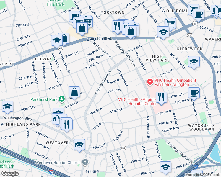 map of restaurants, bars, coffee shops, grocery stores, and more near 5435 19th Street North in Arlington