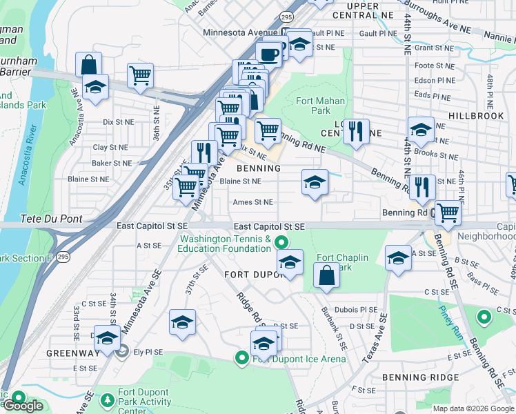 map of restaurants, bars, coffee shops, grocery stores, and more near 3953 Ames Street Northeast in Washington