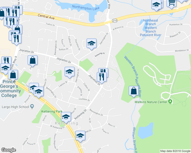 map of restaurants, bars, coffee shops, grocery stores, and more near 11248 Hannah Way in Upper Marlboro