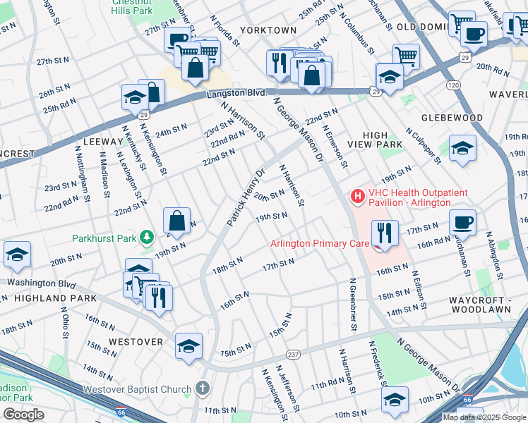 map of restaurants, bars, coffee shops, grocery stores, and more near 5435 19th Street North in Arlington