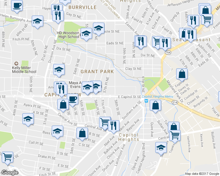 map of restaurants, bars, coffee shops, grocery stores, and more near 5751 Blaine Street Northeast in Washington