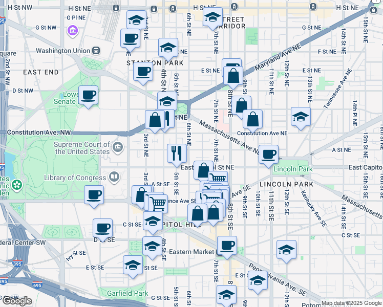map of restaurants, bars, coffee shops, grocery stores, and more near 23 6th Street Northeast in Washington