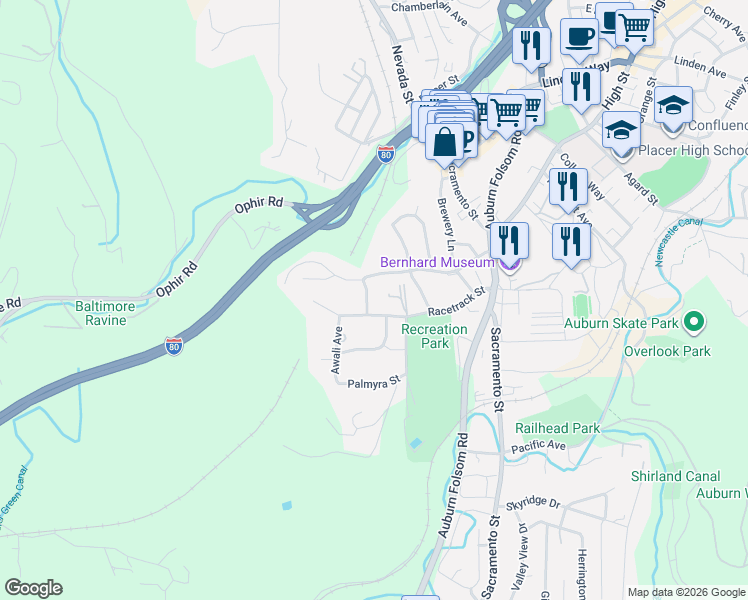 map of restaurants, bars, coffee shops, grocery stores, and more near 120 Clark Street in Auburn