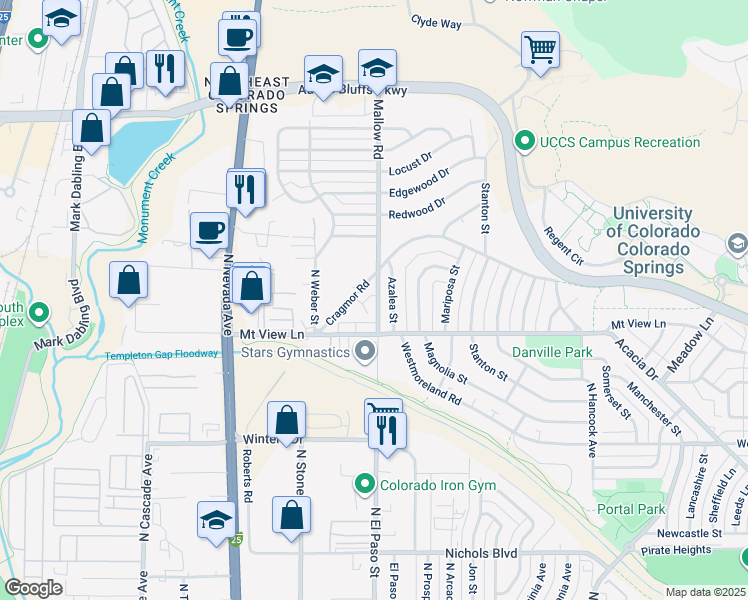 map of restaurants, bars, coffee shops, grocery stores, and more near 3916 Azalea Street in Colorado Springs
