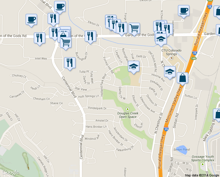map of restaurants, bars, coffee shops, grocery stores, and more near 1309 Holland Park Boulevard in Colorado Springs