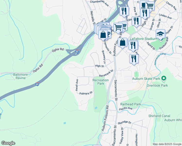 map of restaurants, bars, coffee shops, grocery stores, and more near 110 Dorer Drive in Auburn