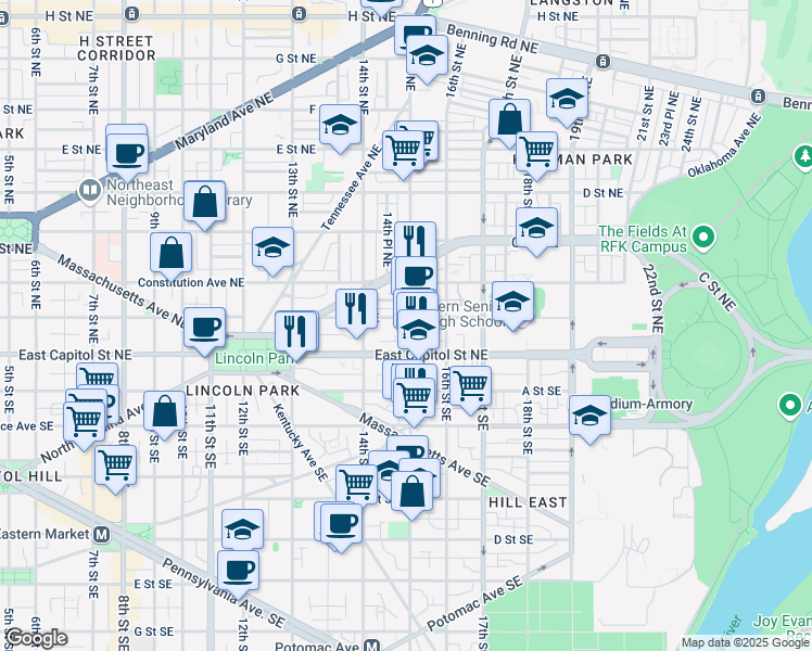 map of restaurants, bars, coffee shops, grocery stores, and more near 101 Independence Avenue Southeast in Washington