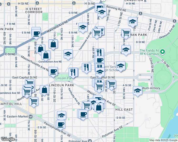 map of restaurants, bars, coffee shops, grocery stores, and more near 101 Independence Avenue Southeast in Washington