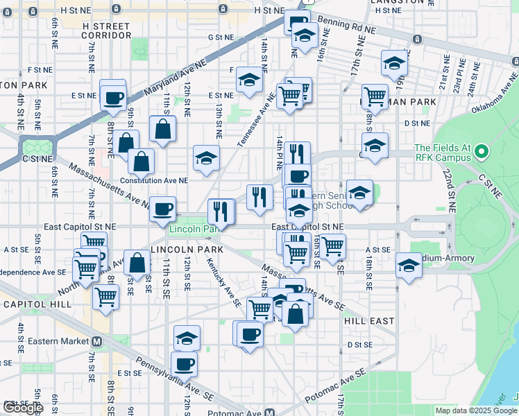 map of restaurants, bars, coffee shops, grocery stores, and more near 30 14th Street Northeast in Washington