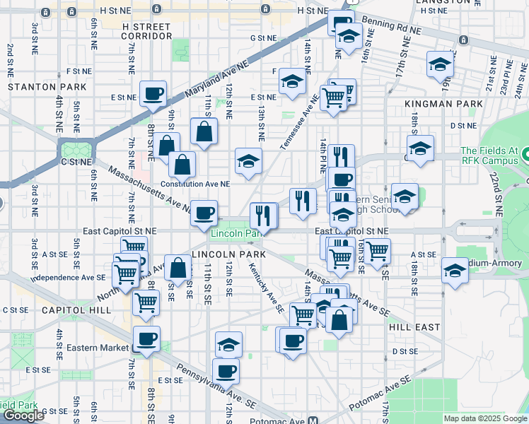 map of restaurants, bars, coffee shops, grocery stores, and more near 101 Independence Avenue Southeast in Washington