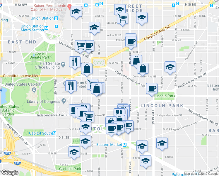 map of restaurants, bars, coffee shops, grocery stores, and more near 101 Independence Avenue Southeast in Washington