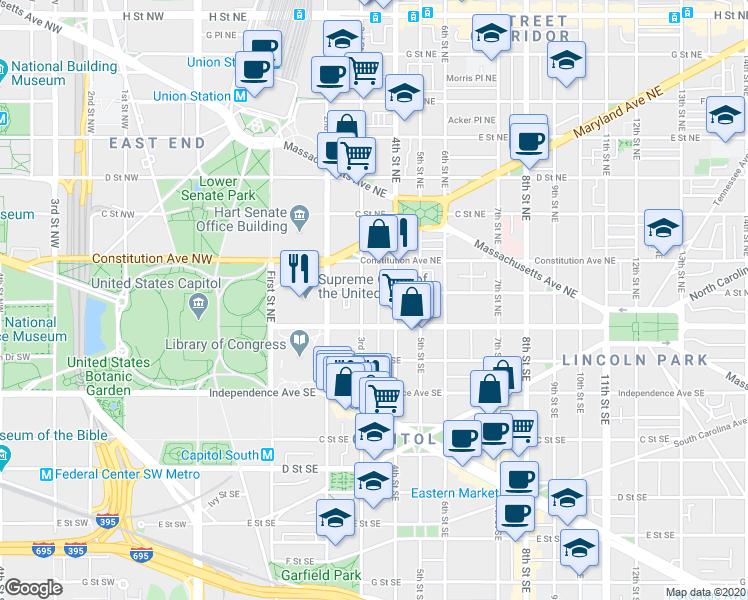 map of restaurants, bars, coffee shops, grocery stores, and more near 101 Independence Avenue Southeast in Washington