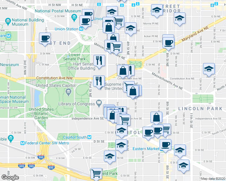 map of restaurants, bars, coffee shops, grocery stores, and more near 101 Independence Avenue Southeast in Washington