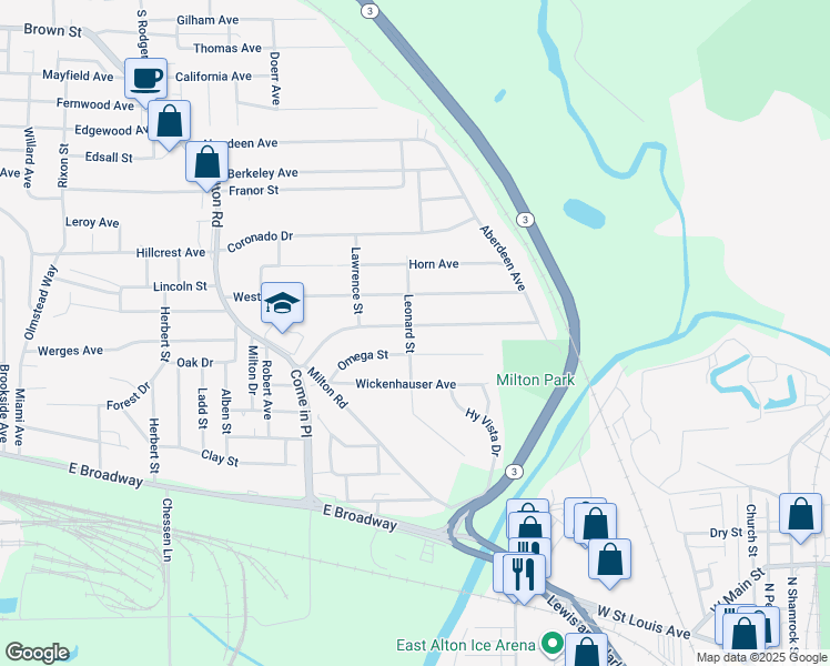 map of restaurants, bars, coffee shops, grocery stores, and more near 3807 Oscar Avenue in Alton