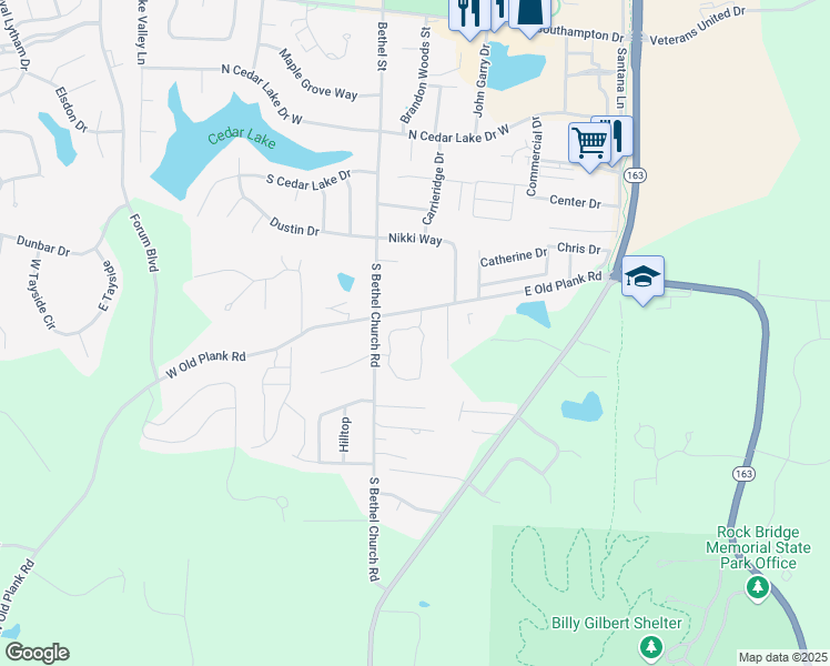 map of restaurants, bars, coffee shops, grocery stores, and more near 282 East Old Plank Road in Columbia