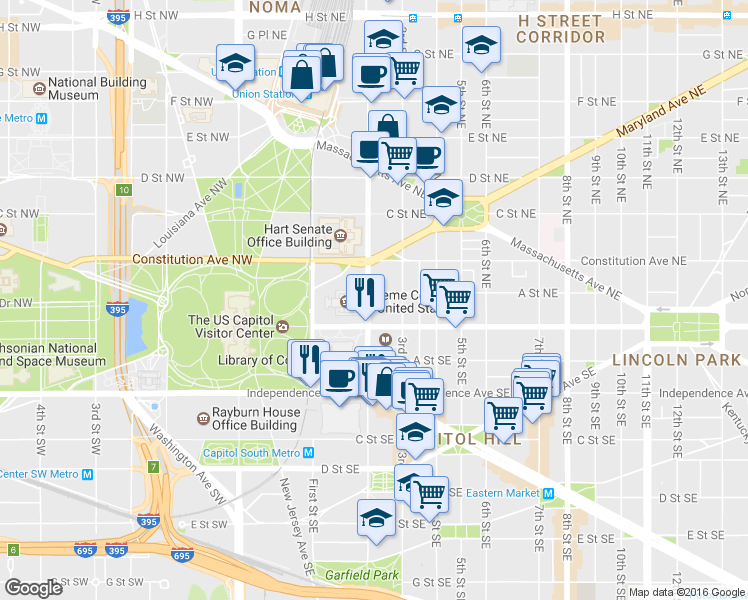 map of restaurants, bars, coffee shops, grocery stores, and more near 23 2nd Street Northeast in Washington