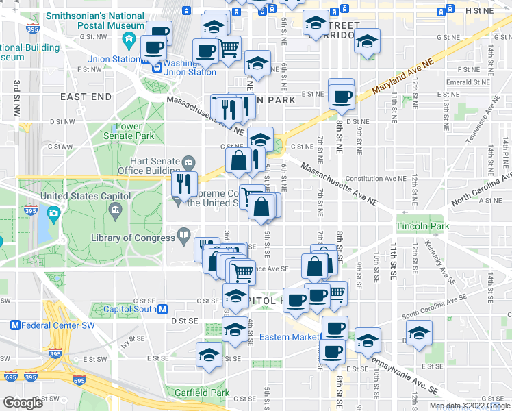 map of restaurants, bars, coffee shops, grocery stores, and more near 407 A Street Northeast in Washington