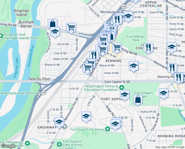 map of restaurants, bars, coffee shops, grocery stores, and more near 101 Independence Avenue Southeast in Washington