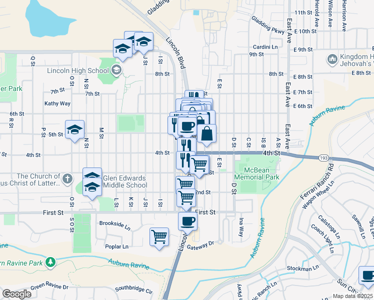 map of restaurants, bars, coffee shops, grocery stores, and more near 390 G Street in Lincoln
