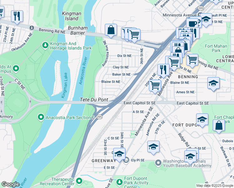 map of restaurants, bars, coffee shops, grocery stores, and more near 104 Kenilworth Avenue Northeast in Washington
