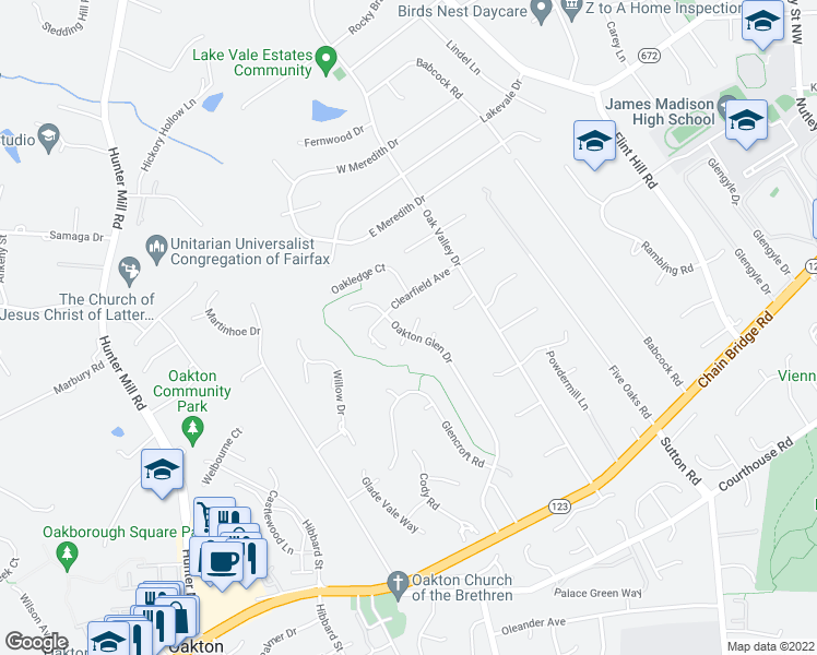 map of restaurants, bars, coffee shops, grocery stores, and more near 10026 Glenoak Court in Vienna