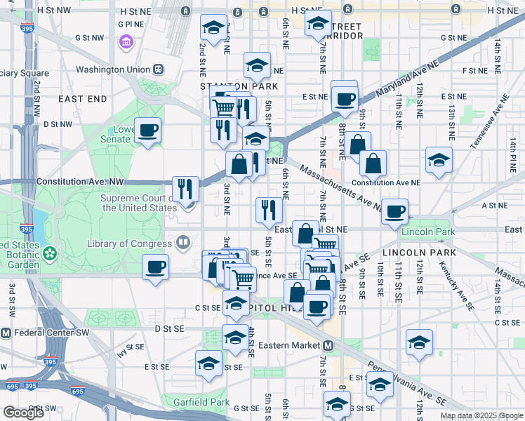 map of restaurants, bars, coffee shops, grocery stores, and more near 26 5th Street Northeast in Washington
