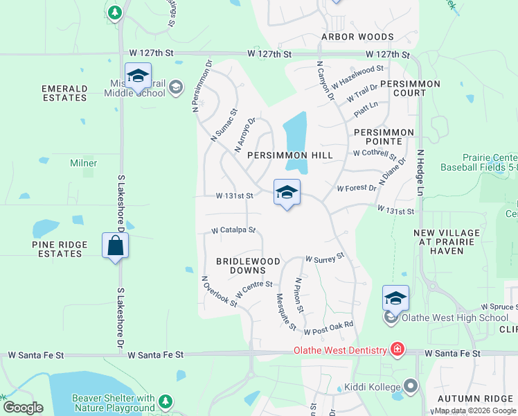 map of restaurants, bars, coffee shops, grocery stores, and more near 2612 West Whitney Street in Olathe