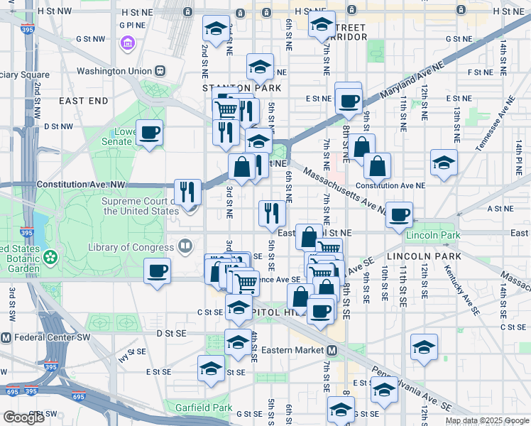 map of restaurants, bars, coffee shops, grocery stores, and more near 26 5th Street Northeast in Washington