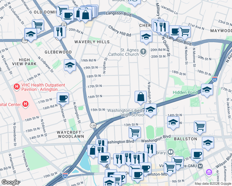 map of restaurants, bars, coffee shops, grocery stores, and more near 4407 16th Street North in Arlington