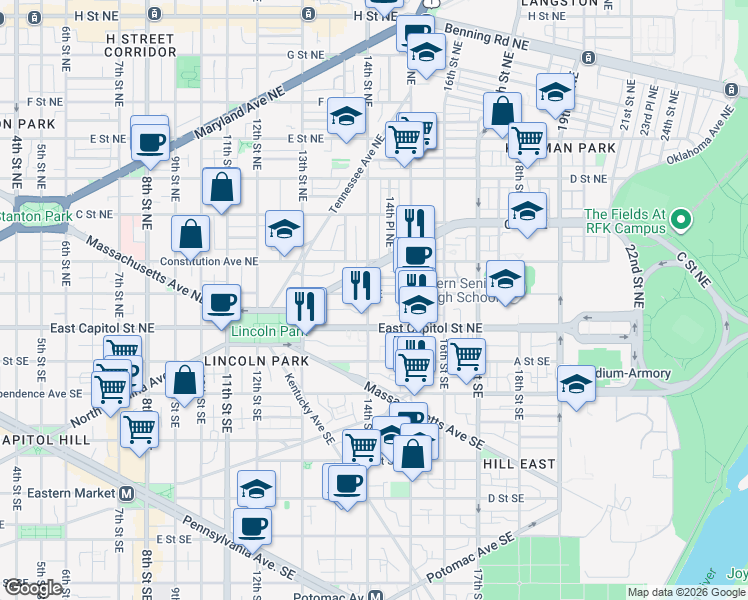 map of restaurants, bars, coffee shops, grocery stores, and more near 101 Independence Avenue Southeast in Washington