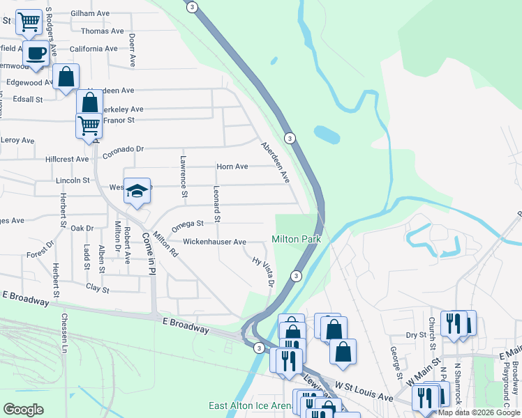 map of restaurants, bars, coffee shops, grocery stores, and more near 3825 Oscar Avenue in Alton