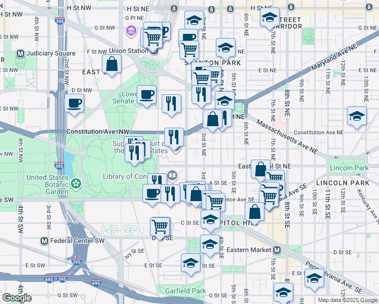 map of restaurants, bars, coffee shops, grocery stores, and more near 23 2nd Street Northeast in Washington