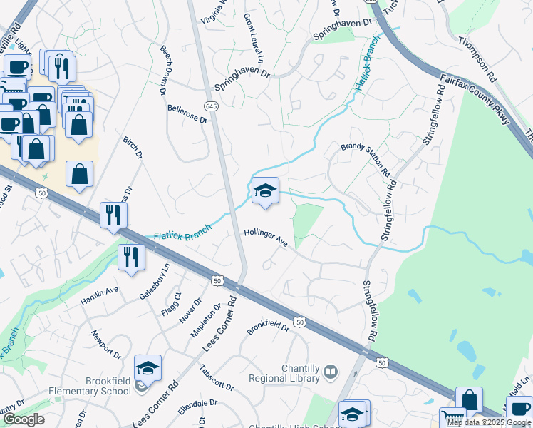 map of restaurants, bars, coffee shops, grocery stores, and more near 13500 Hollinger Avenue in Fairfax