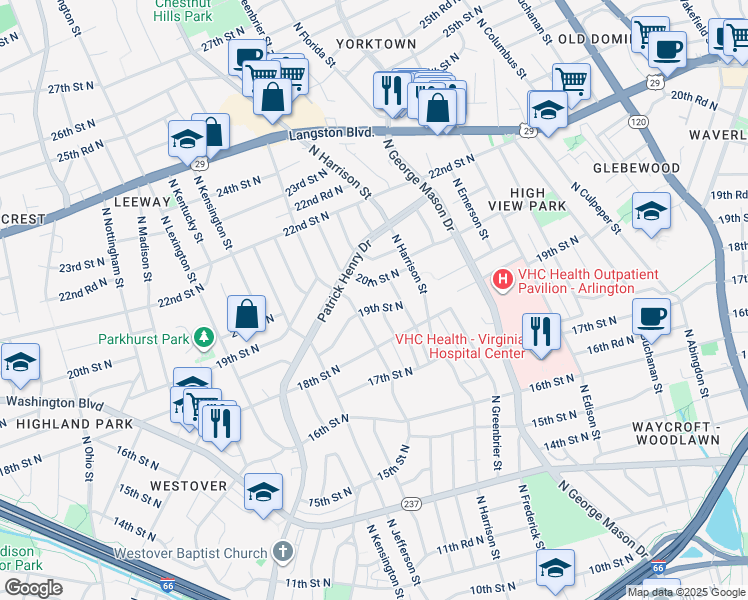 map of restaurants, bars, coffee shops, grocery stores, and more near 5429 19th Street North in Arlington
