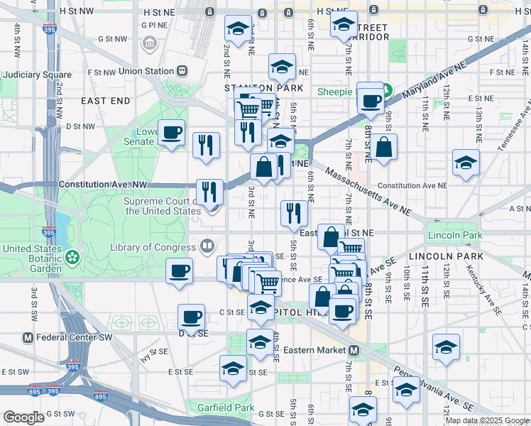 map of restaurants, bars, coffee shops, grocery stores, and more near 319 A Street Northeast in Washington