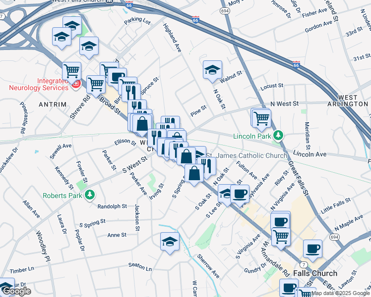 map of restaurants, bars, coffee shops, grocery stores, and more near 919 Park Avenue in Falls Church