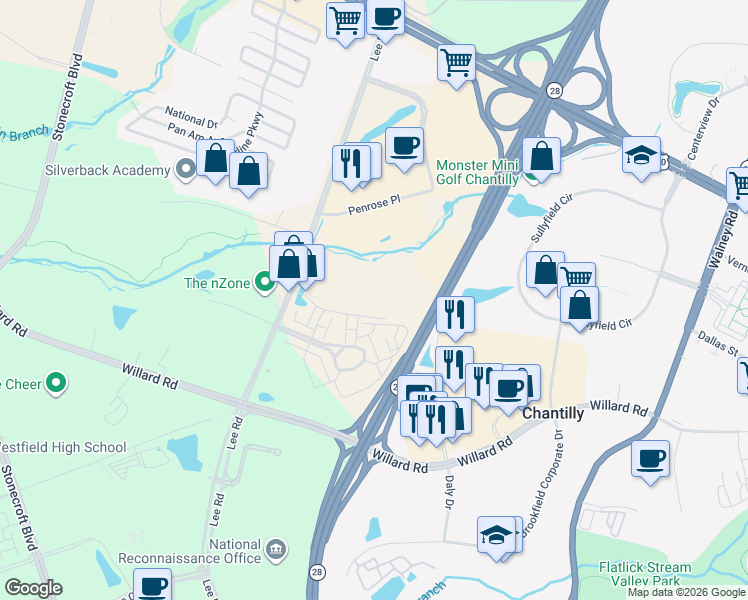 map of restaurants, bars, coffee shops, grocery stores, and more near 14428 Albemarle Point Place in Chantilly
