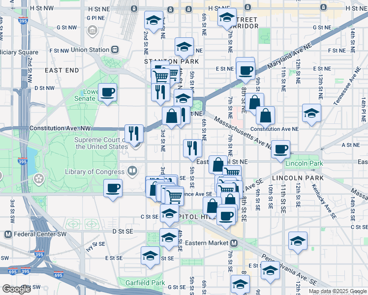 map of restaurants, bars, coffee shops, grocery stores, and more near 407 A Street Northeast in Washington